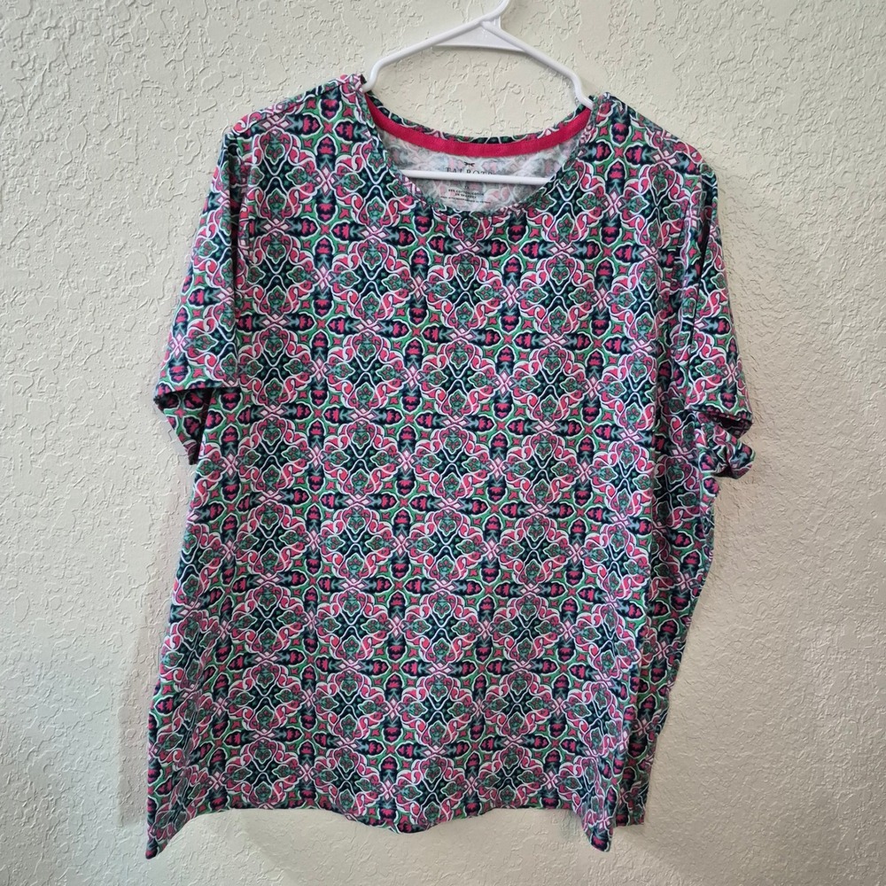 Talbots Medallion Print Tee Womens 3X Pink Green Cotton Stretch Short Sleeve Top